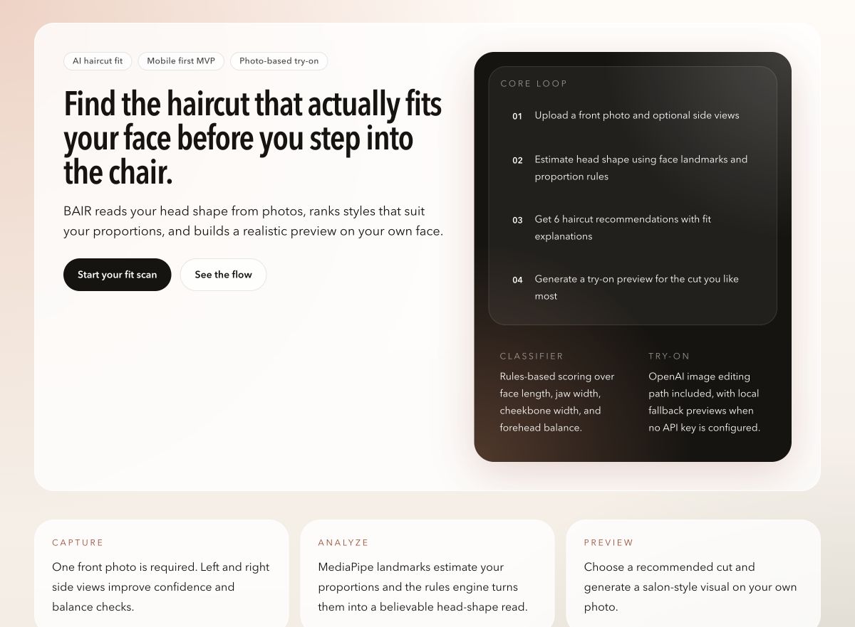BAIR landing page explaining photo capture, face-shape analysis, haircut ranking, and realistic try-on.