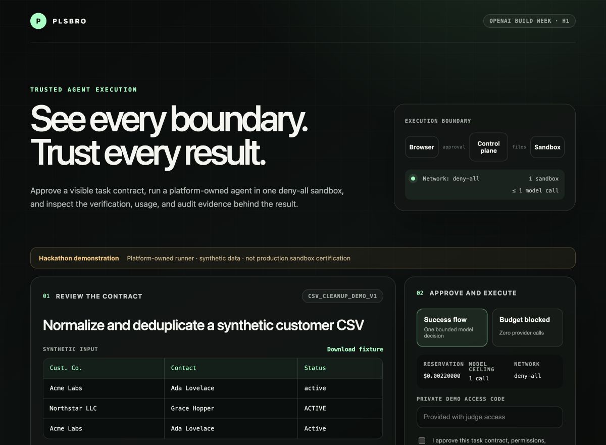 PLSBRO hackathon demo showing a visible CSV task contract, execution boundary, permissions, and approval controls.