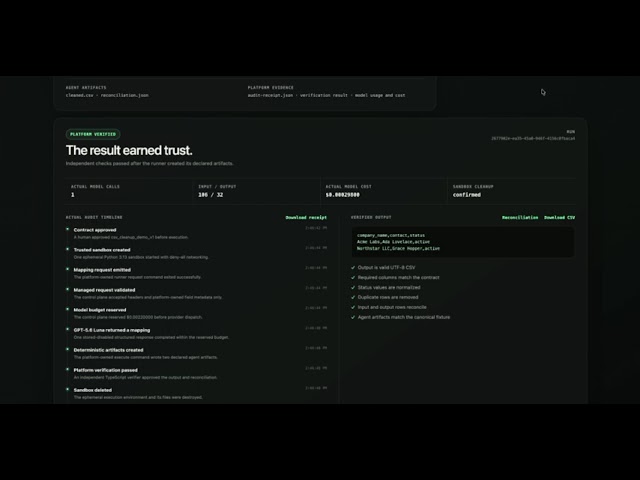 PLSBRO video demo showing verified agent execution results in the operating layer.