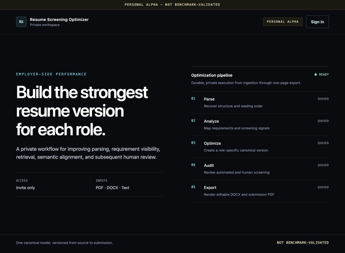 Resume Screening Optimizer landing page showing the private five-stage optimization pipeline.