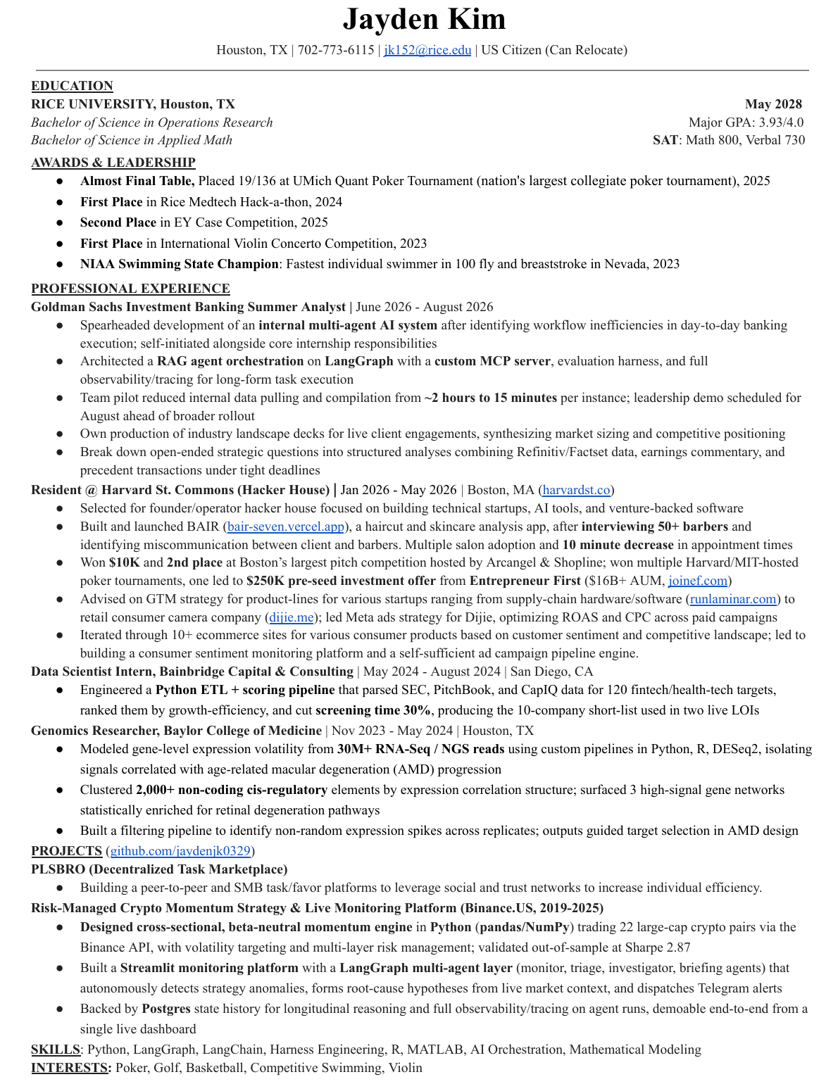 Preview of Jayden Kim's one-page 2026 resume.